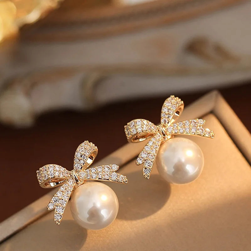 Sparkling Rhinestone Bow Pearl Stud Earrings