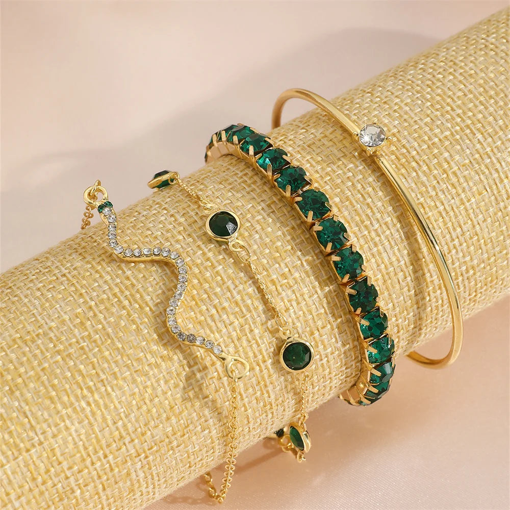 Emerald Luxe Bracelet Set - Crystal Charm Stack
