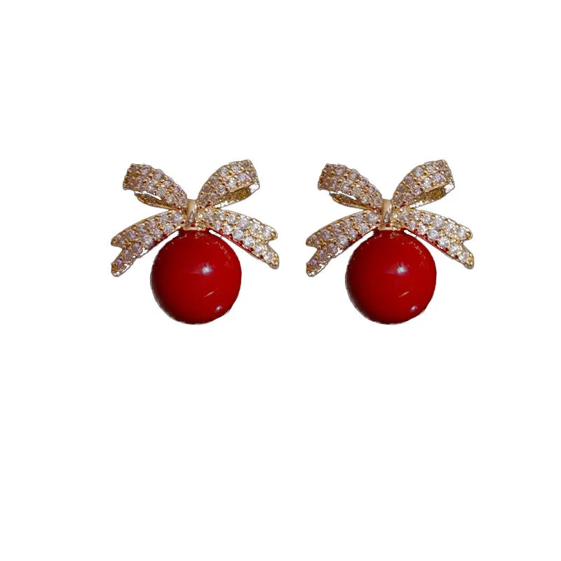 Sparkling Rhinestone Bow Pearl Stud Earrings
