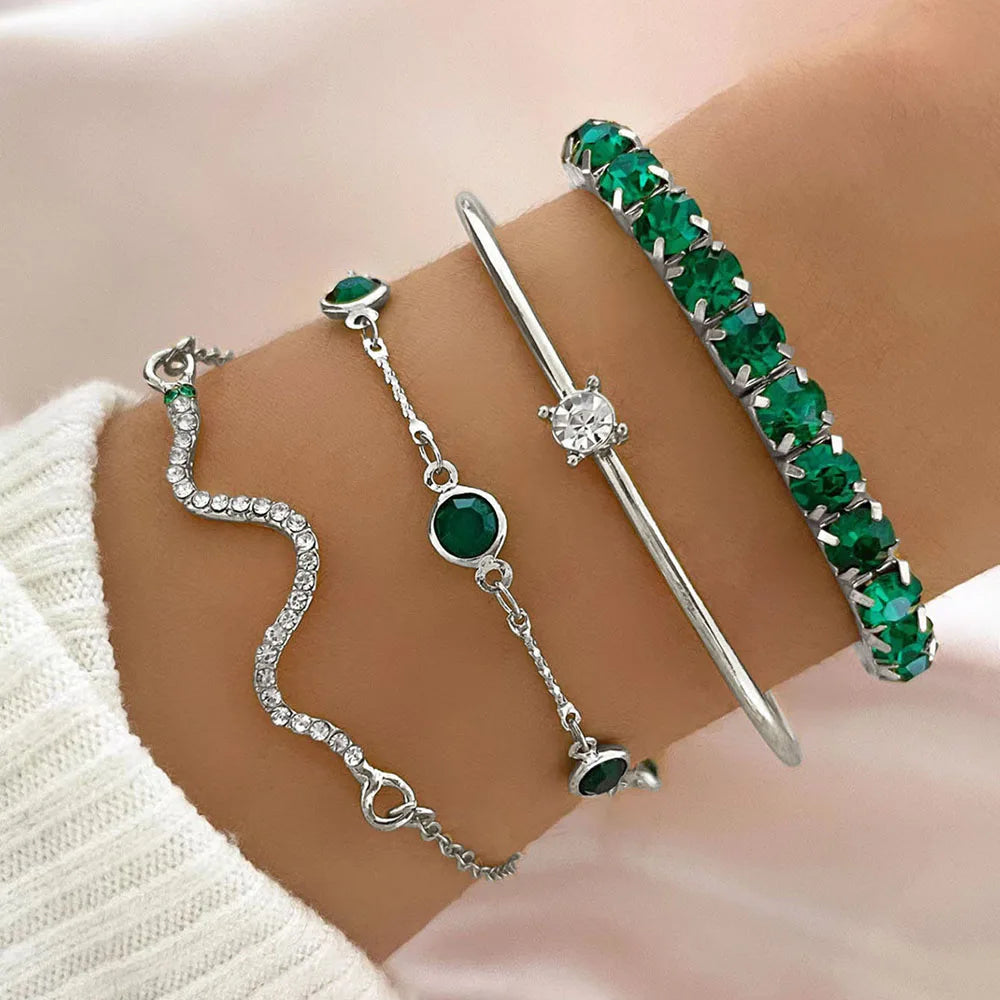 Emerald Luxe Bracelet Set - Crystal Charm Stack
