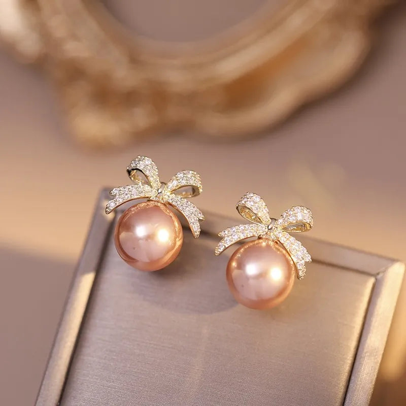 Sparkling Rhinestone Bow Pearl Stud Earrings