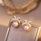 Sparkling Rhinestone Bow Pearl Stud Earrings