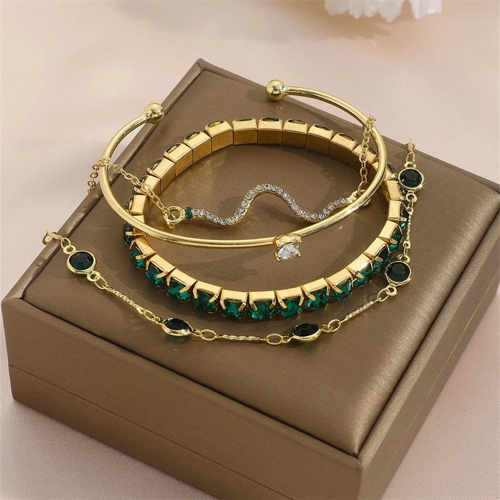 Emerald Luxe Bracelet Set - Crystal Charm Stack