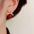 Sparkling Rhinestone Bow Pearl Stud Earrings