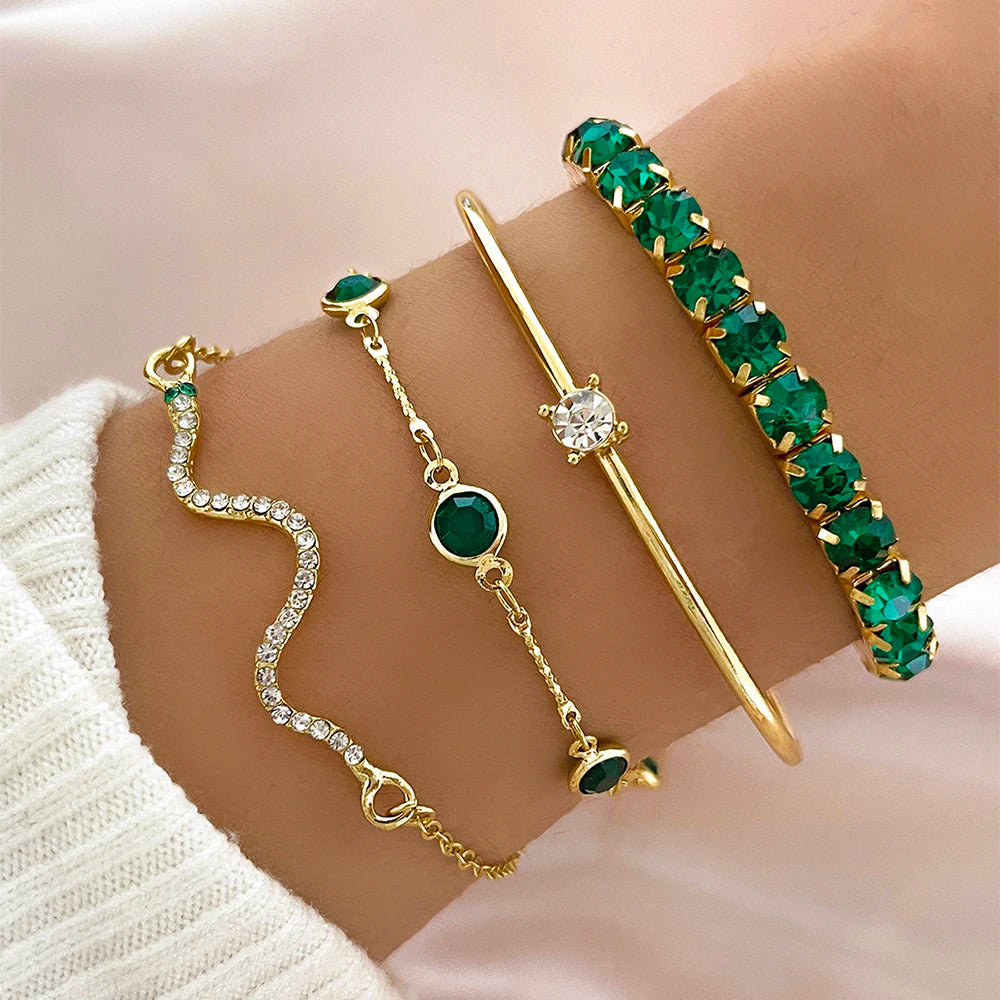 Emerald Luxe Bracelet Set - Crystal Charm Stack